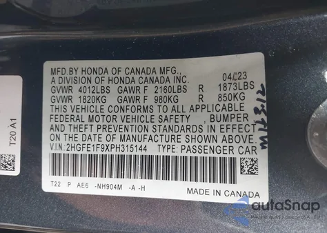 2023 Honda Civic Touring from USA, damaged, VIN 2HGFE1F9XPH315144